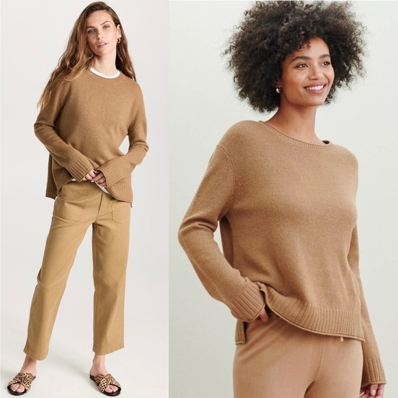 JENNI KAYNE Wool Cashmere Blend Rib Trim Crewneck Pullover Dark Camel Sweater XS - Picture 1 of 13
